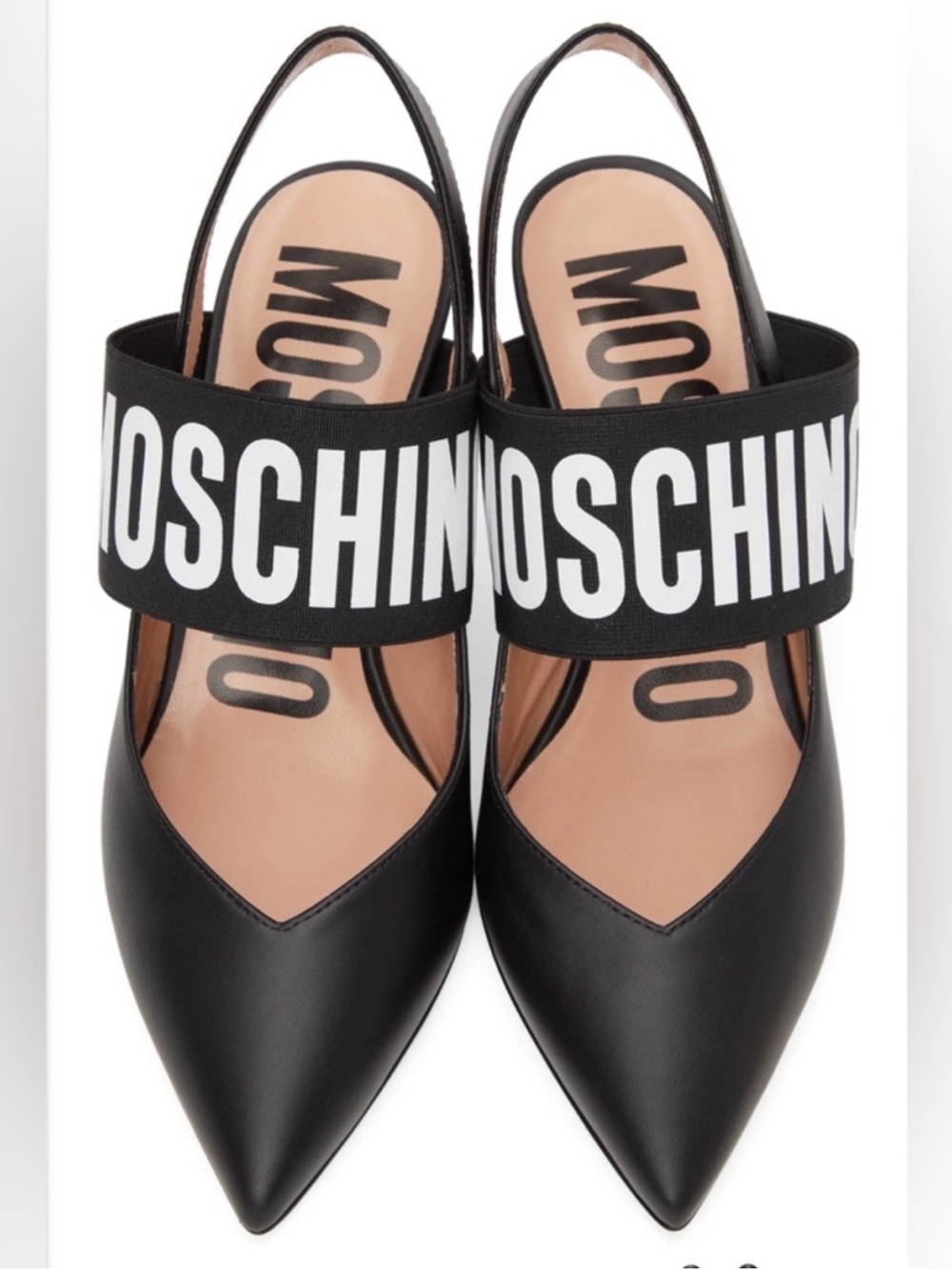 Moschino Black and White Logo Slingback Pointed Mules